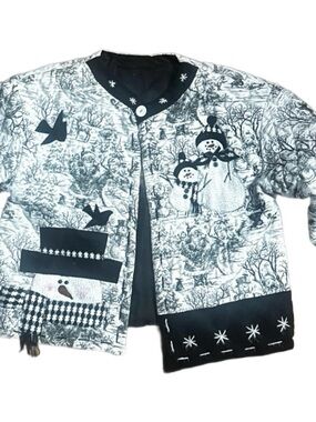 Handmade ~ 90’s ~ Large ~ Black/White Christmas Snowman Quilted Cardigan Jacket